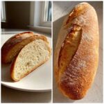 A split image showing a whole loaf of golden french bread next to slices revealing the soft, airy interior.