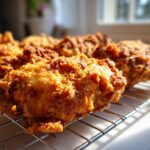 Close-up of golden brown, crispy fried chicken pieces resting on a wire cooling rack.