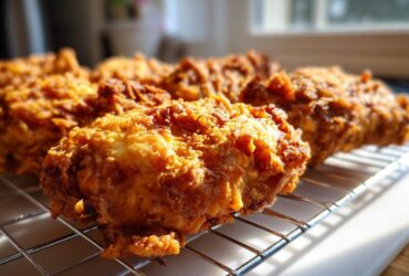 Close-up of golden brown, crispy fried chicken pieces resting on a wire cooling rack.