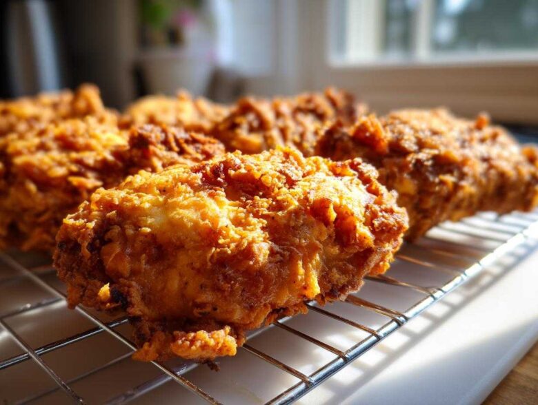 Close-up of golden brown, crispy fried chicken pieces resting on a wire cooling rack.