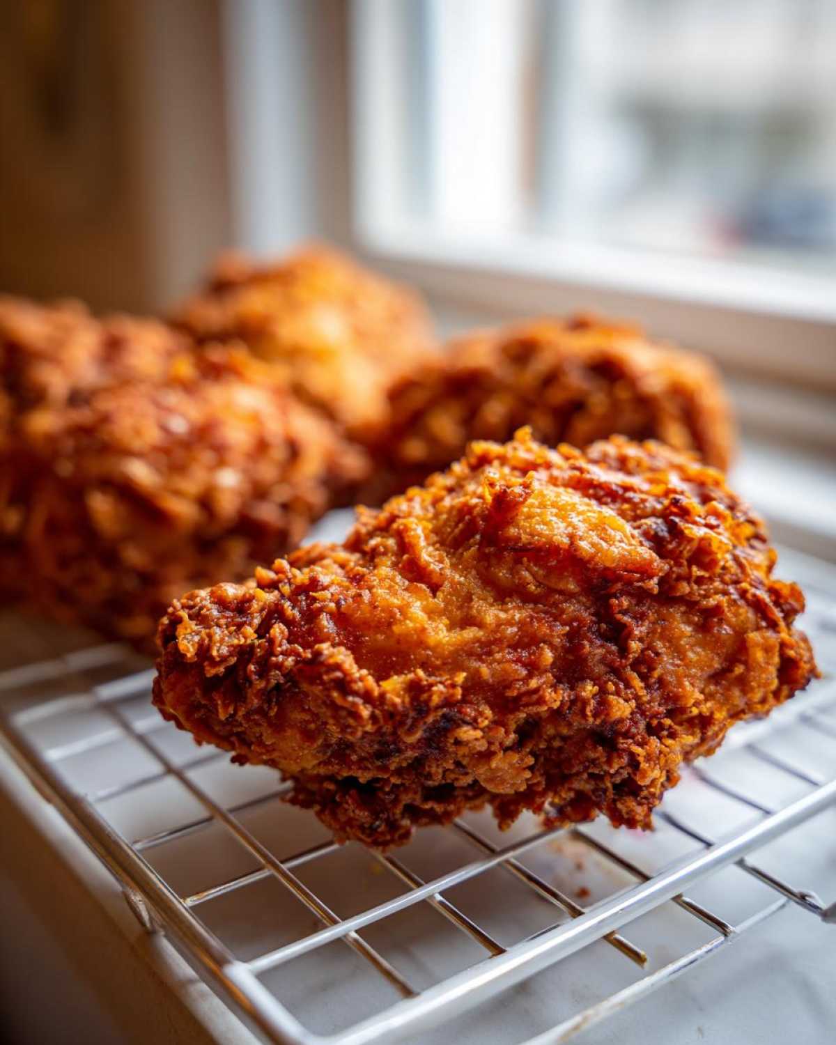 Close-up of a perfectly crispy piece of golden brown fried chicken resting on a wire cooling rack.
