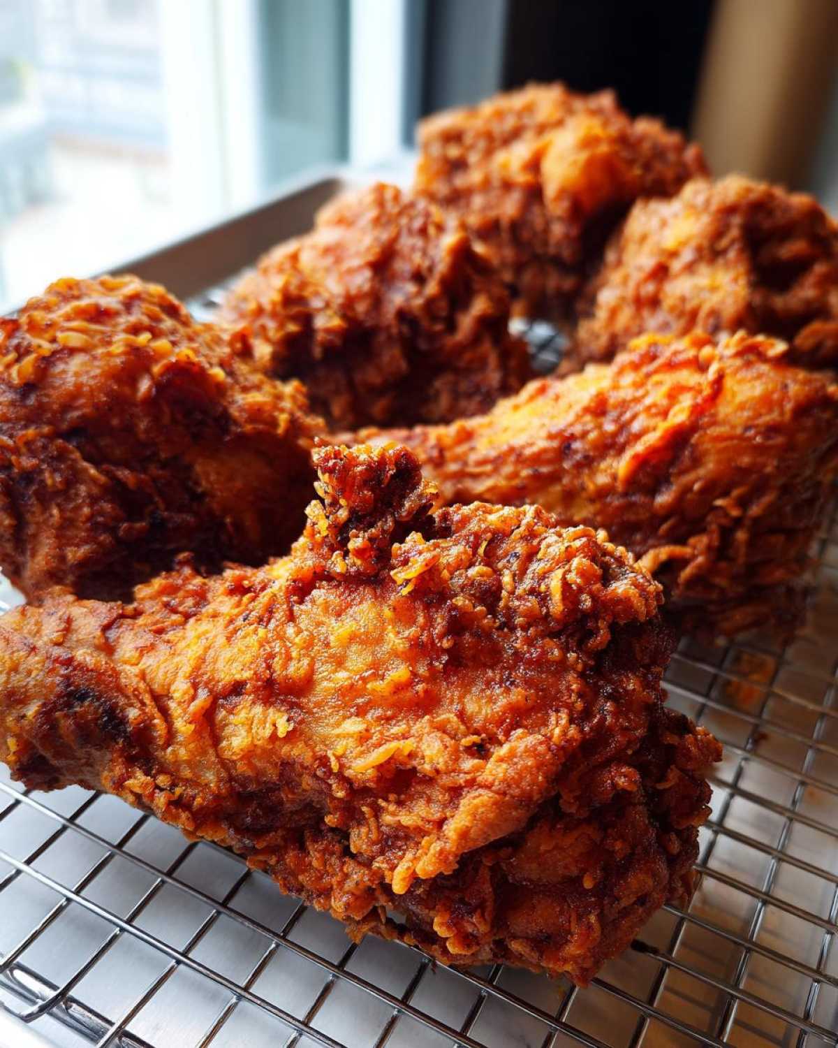 Close-up of several pieces of golden-brown, crispy fried chicken resting on a wire cooling rack.