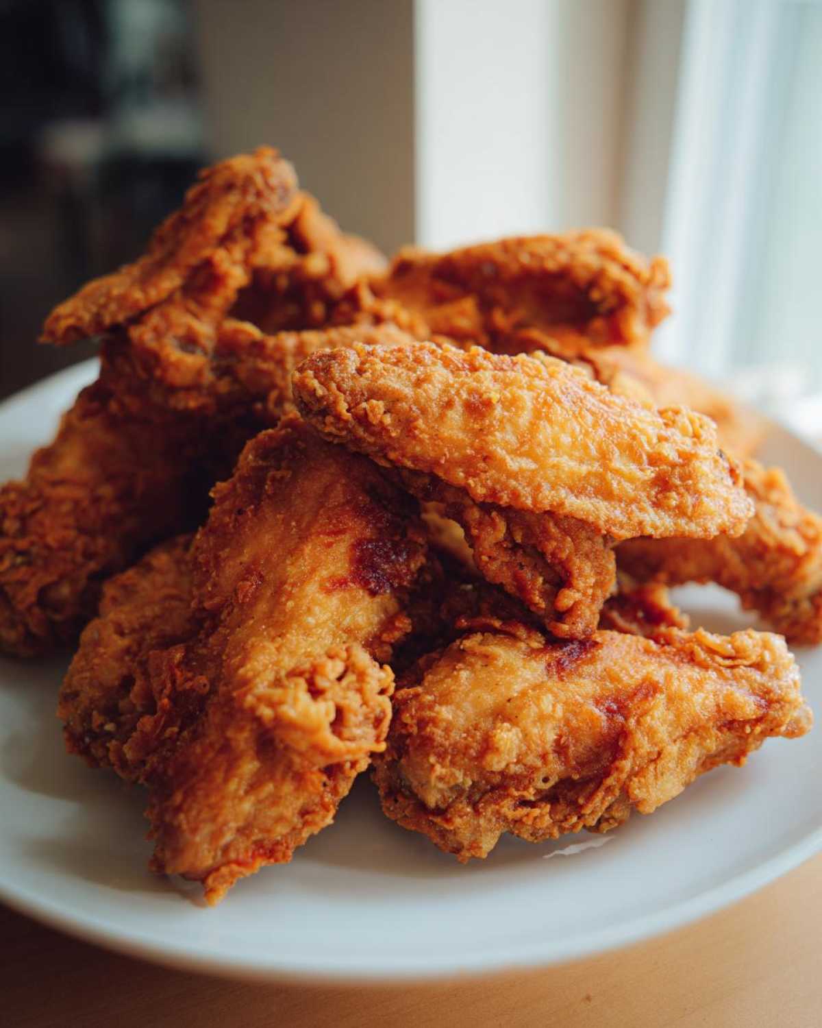 A close-up of a pile of golden brown, crispy fried chicken wings served on a white plate.