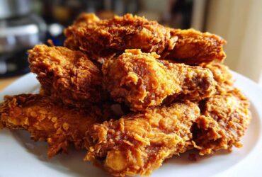 A close-up of a pile of golden brown, extra crispy fried chicken wings served on a white plate.