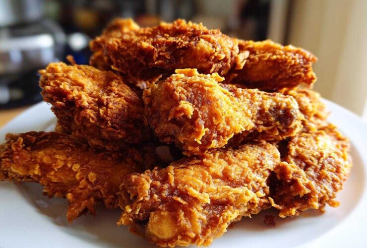 A close-up of a pile of golden brown, extra crispy fried chicken wings served on a white plate.