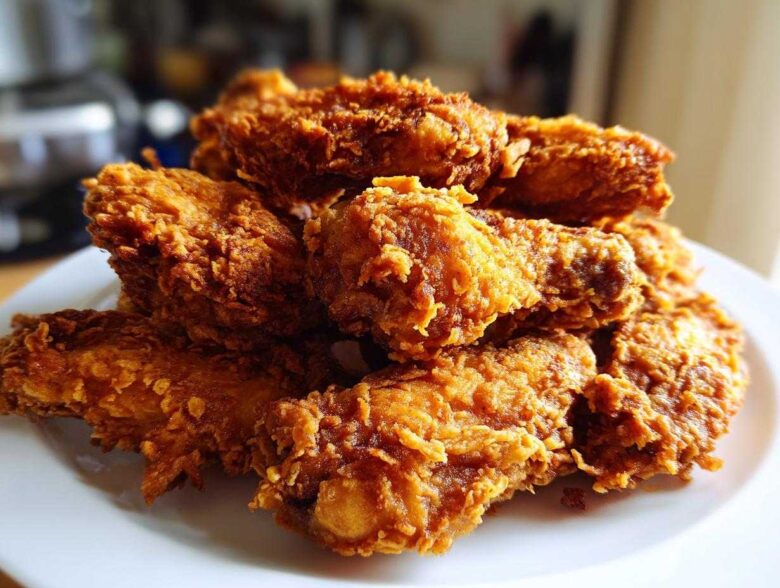 A close-up of a pile of golden brown, extra crispy fried chicken wings served on a white plate.