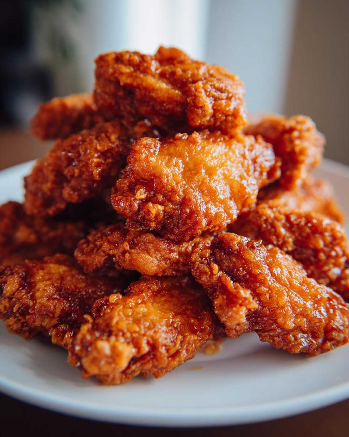 A close-up stack of crispy, glazed fried chicken wings served on a white plate.