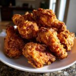 A close-up shot of a generous pile of golden-brown, crispy fried chicken wings stacked high on a white plate.