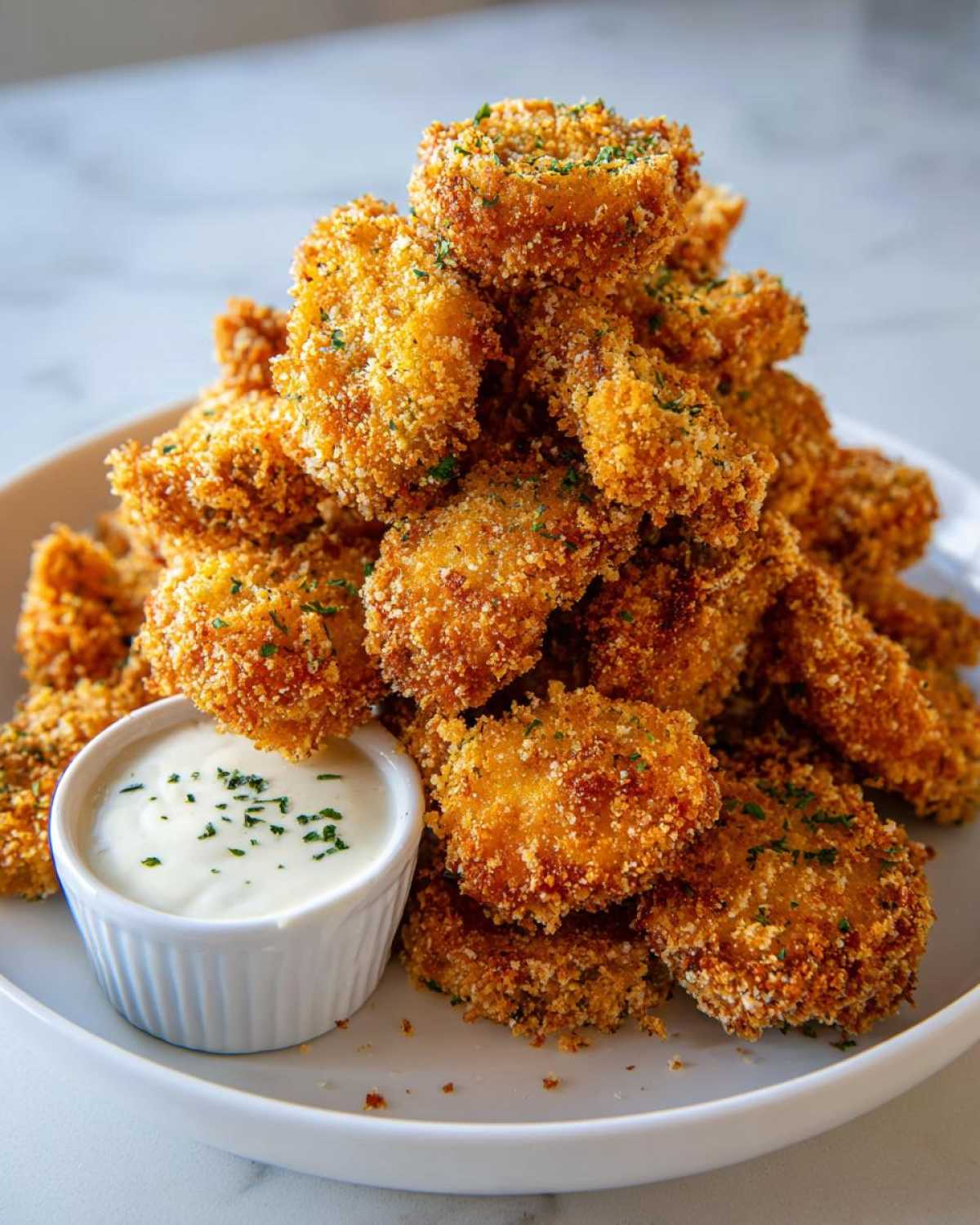 A tall stack of crispy, golden brown Fried Pickles garnished with parsley, served next to a small ramekin of white dipping sauce.