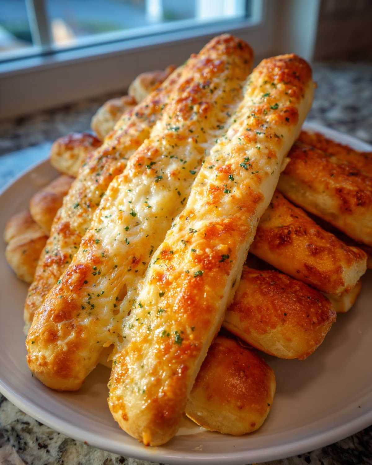 A close-up of golden, cheesy garlic breadsticks sprinkled with parsley piled on a white plate.