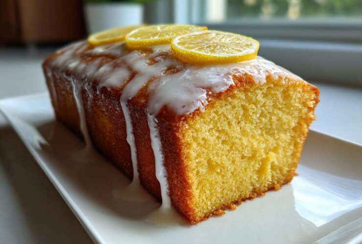 A whole, moist lemon pound cake drizzled with white glaze and topped with thin lemon slices.