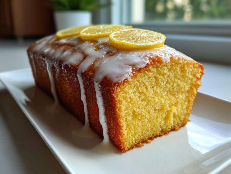 A whole, moist lemon pound cake drizzled with white glaze and topped with thin lemon slices.
