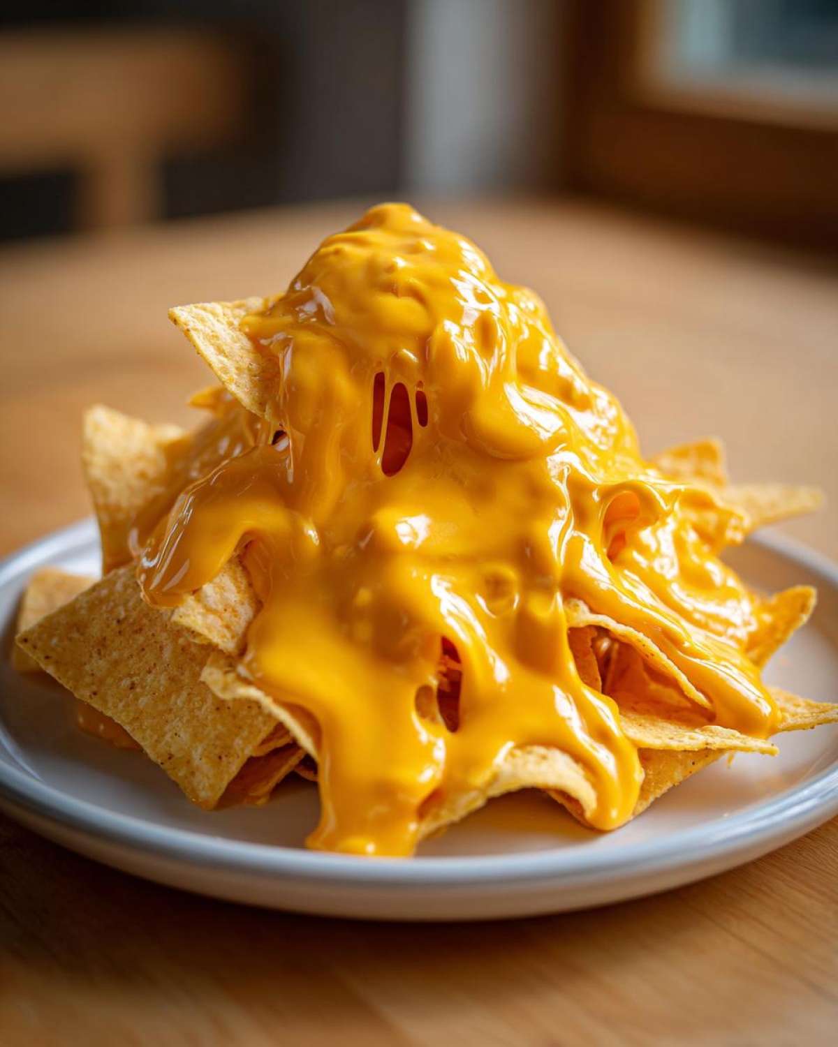 A mound of tortilla chips completely smothered in thick, bright orange nacho cheese sauce.