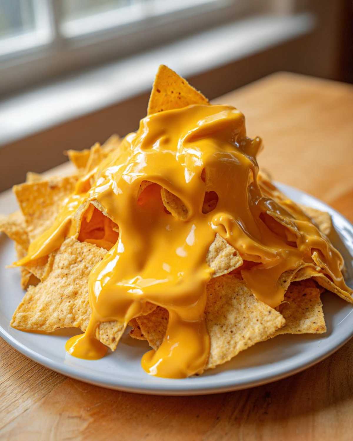 A plate piled high with tortilla chips completely smothered in thick, bright yellow nacho cheese sauce.