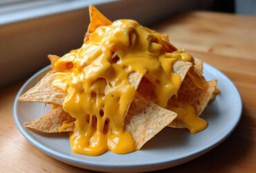 A pile of tortilla chips generously smothered in thick, bright yellow nacho cheese sauce.