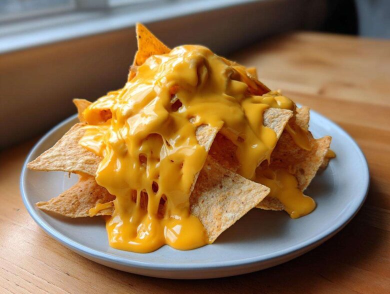A pile of tortilla chips generously smothered in thick, bright yellow nacho cheese sauce.
