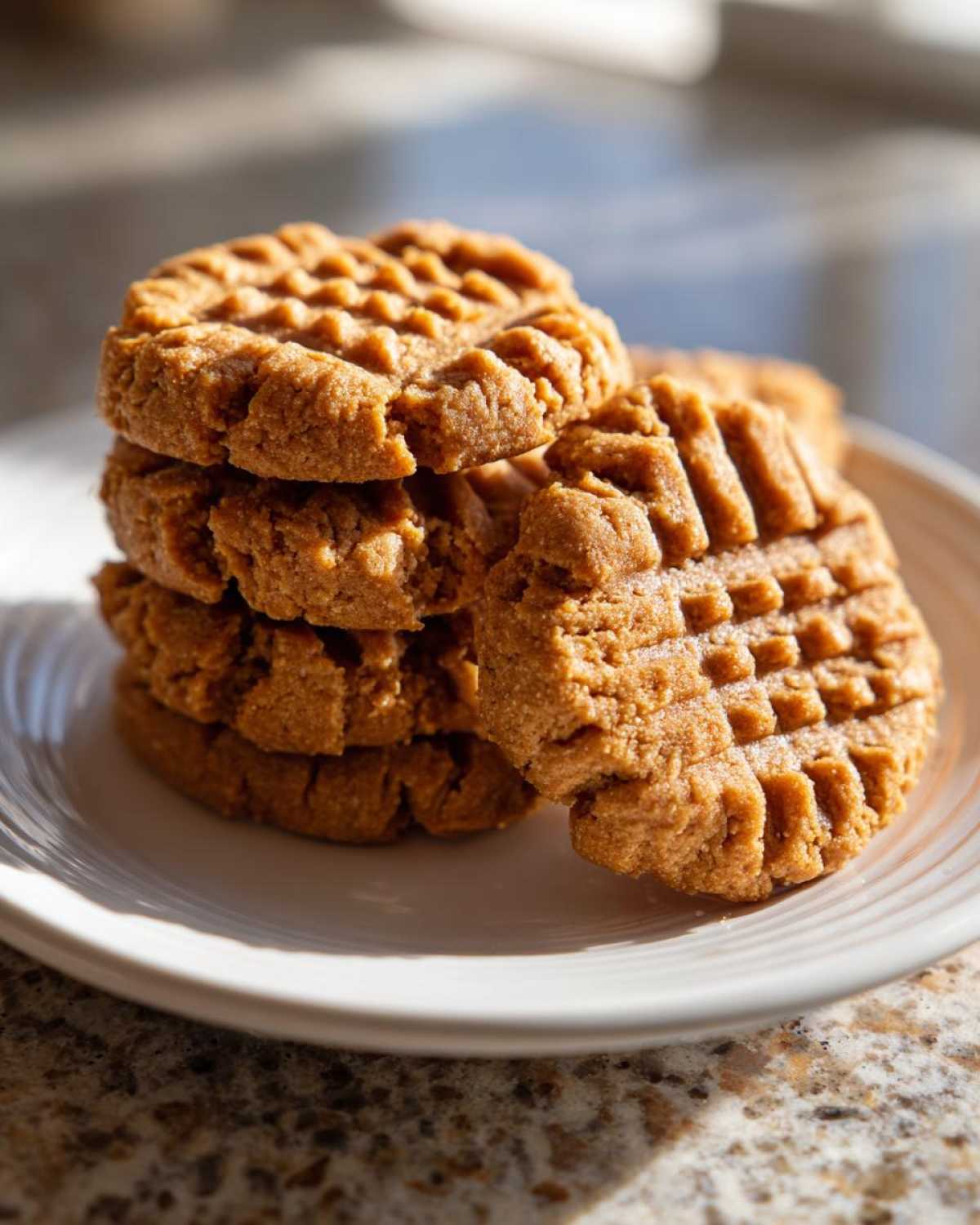 A stack of four golden brown peanut butter cookies, featuring the classic crisscross fork marks, resting on a white plate.