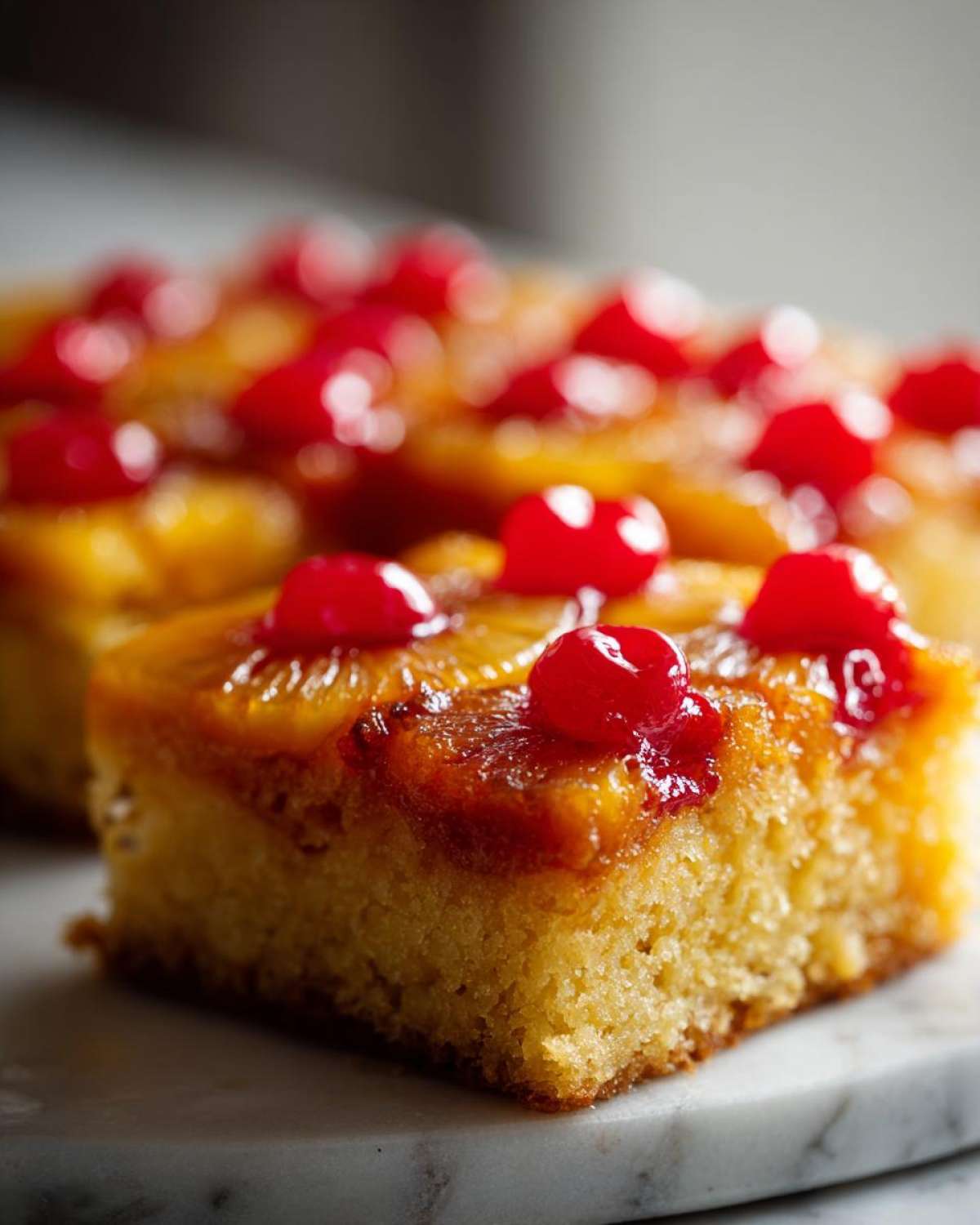 A close-up, soft-focus shot of a square slice of amazing pineapple upside down cake topped with caramelized pineapple and bright red maraschino cherries.