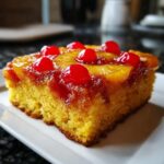 Close-up of a moist slice of pineapple upside down cake topped with caramelized pineapple rings and bright red maraschino cherries.