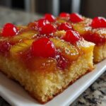Two moist slices of amazing pineapple upside down cake topped with caramelized pineapple rings and bright red maraschino cherries.