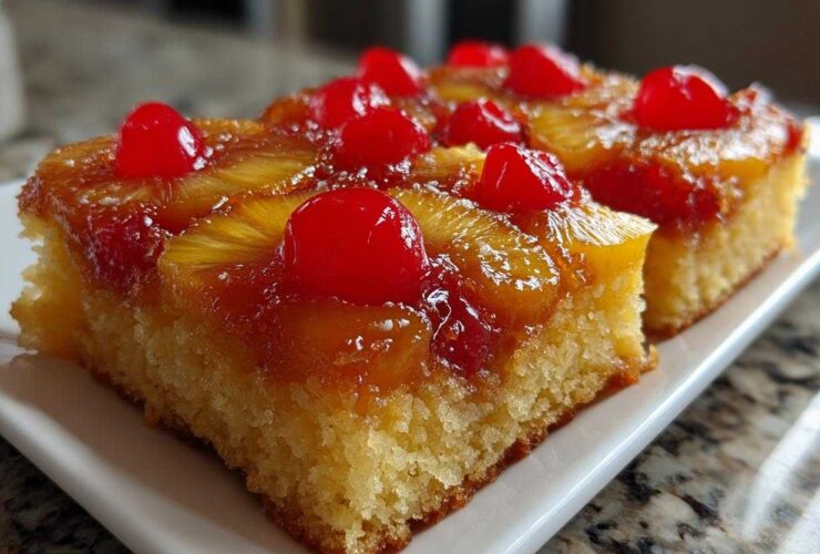 Two moist slices of amazing pineapple upside down cake topped with caramelized pineapple rings and bright red maraschino cherries.