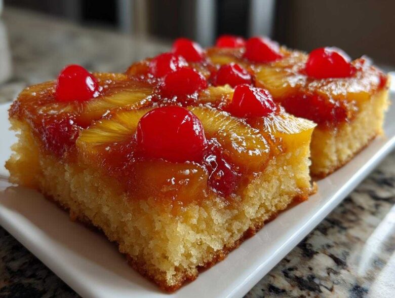 Two moist slices of amazing pineapple upside down cake topped with caramelized pineapple rings and bright red maraschino cherries.