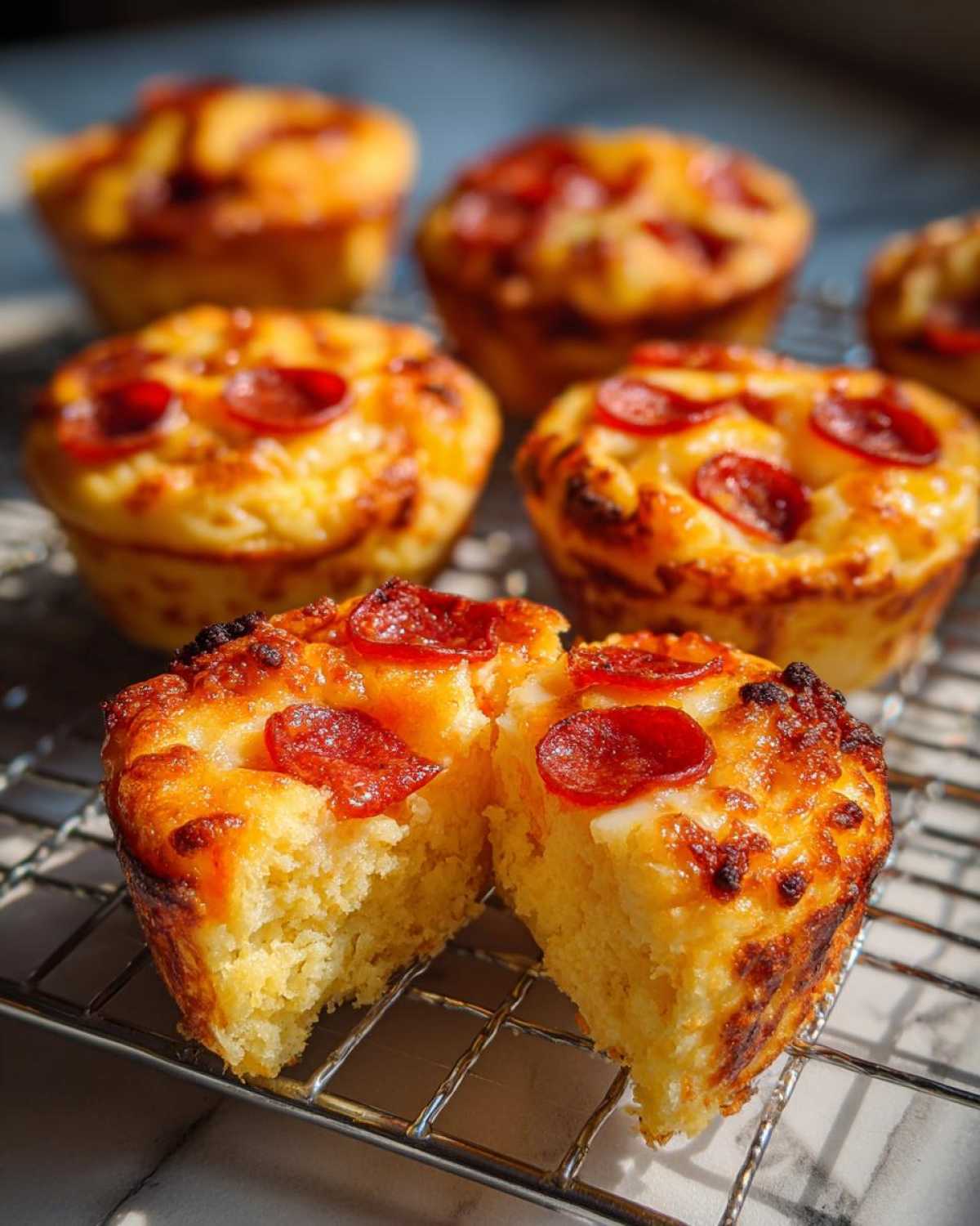 One of the amazing pizza muffins is cut in half, showing the fluffy interior, topped with melted cheese and pepperoni slices.
