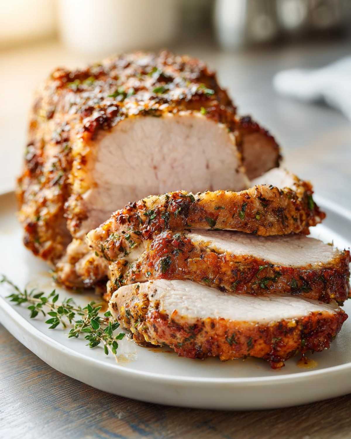 Close-up of a juicy, herb-crusted pork loin roast sliced on a white platter with fresh thyme.