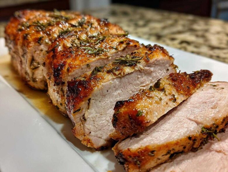 Close-up of a perfectly cooked and sliced pork loin roast seasoned with herbs on a white platter.