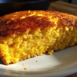 Close-up of a golden, moist slice of skillet cornbread served on a white plate.