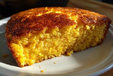 Close-up of a golden, moist slice of skillet cornbread served on a white plate.