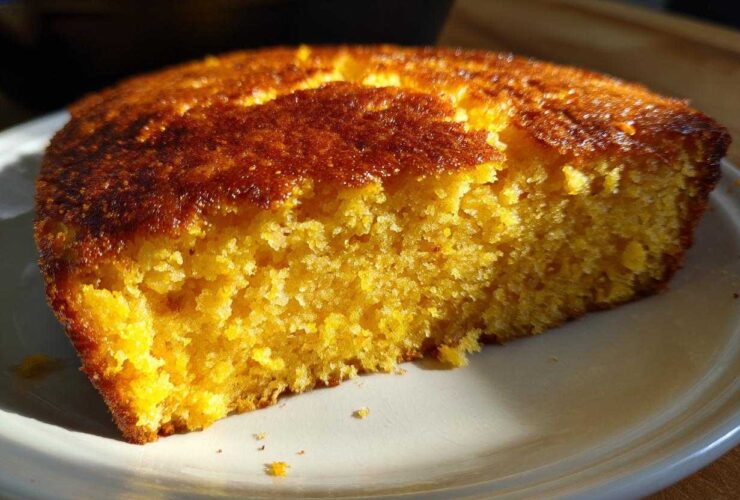 Close-up of a golden, moist slice of skillet cornbread served on a white plate.