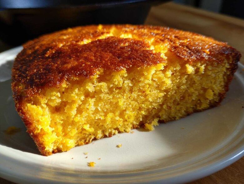Close-up of a golden, moist slice of skillet cornbread served on a white plate.