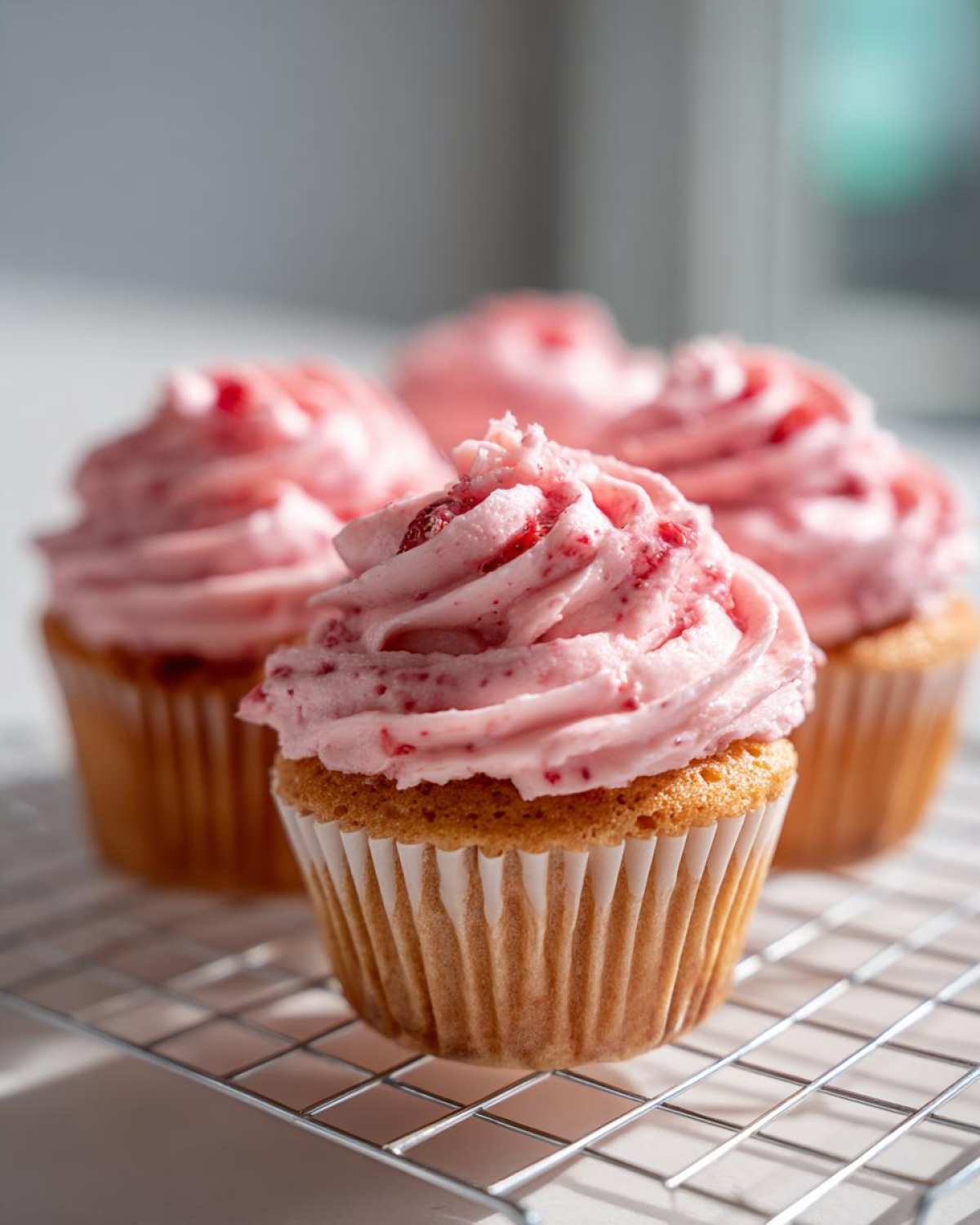 A close-up of freshly baked strawberry cupcakes topped with swirled pink strawberry frosting, resting on a cooling rack.