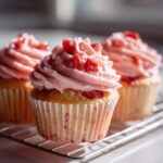 Close-up of delicious strawberry cupcakes with pink strawberry frosting and diced strawberries on top, cooling on a wire rack.