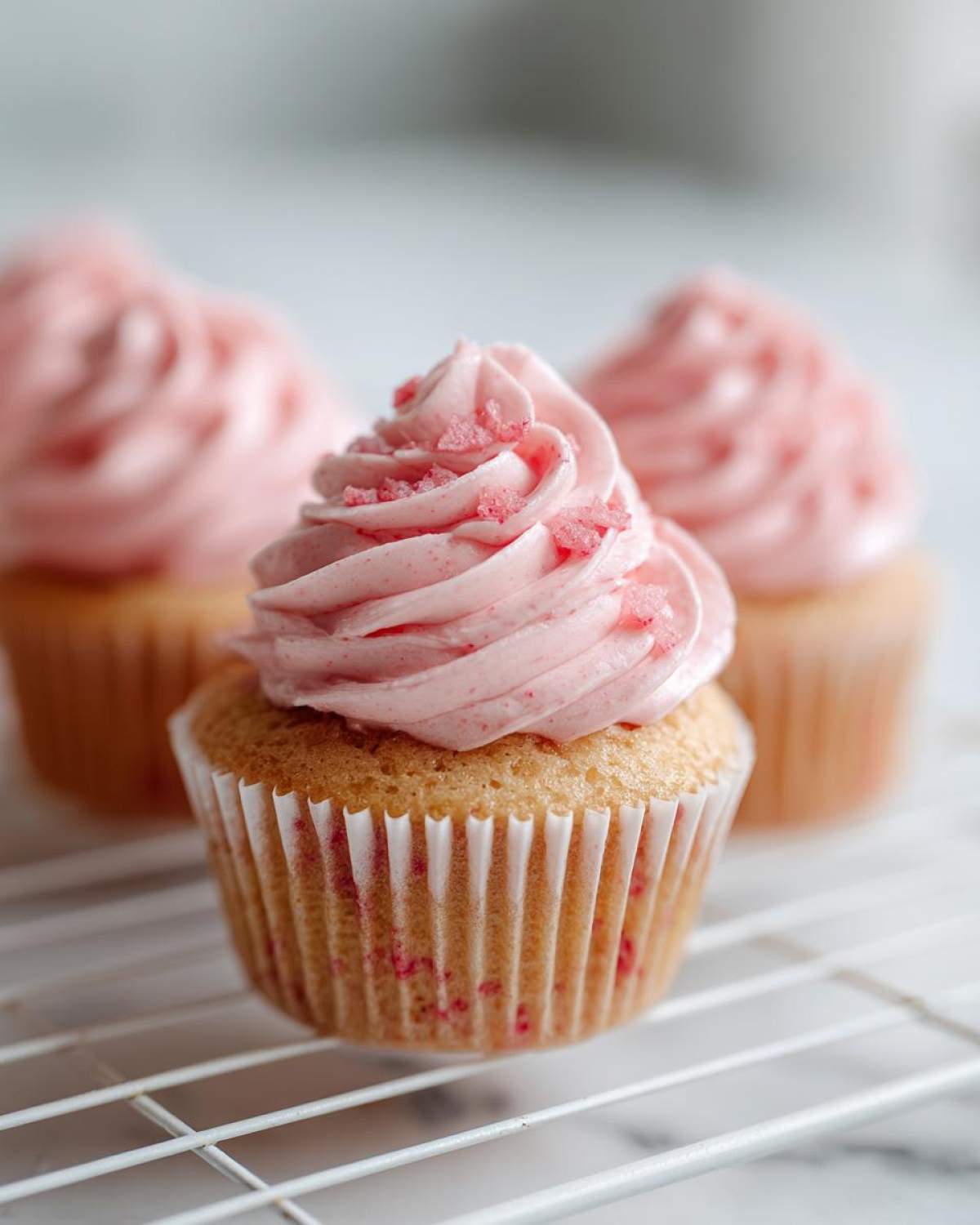 Three delicious strawberry cupcakes with bright pink frosting and dried strawberry pieces on top, resting on a cooling rack.