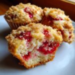 A close-up view of a halved strawberry muffin showing the moist interior and bright red fruit, topped with a golden crumb topping. These are amazing strawberry muffins.