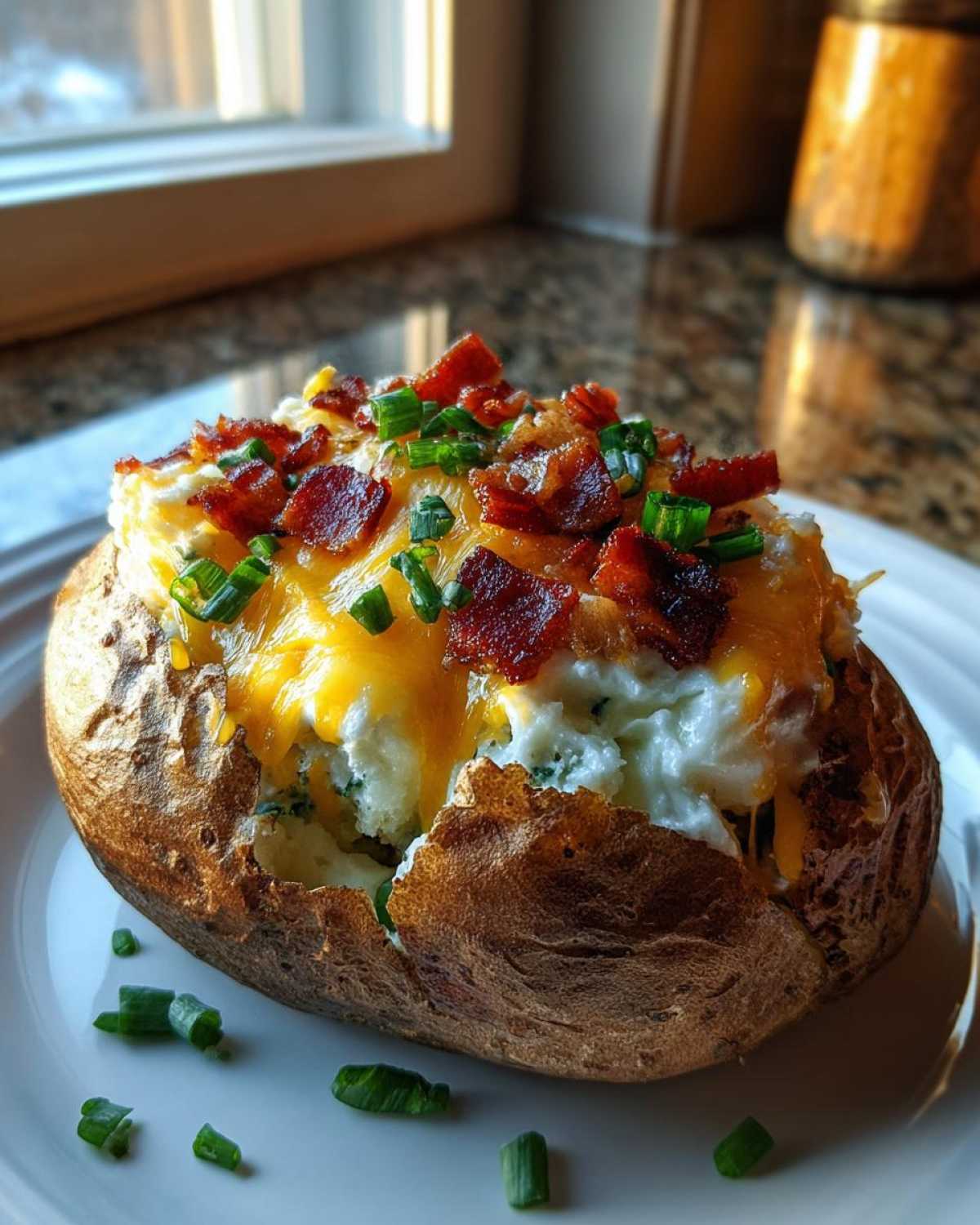 A close-up of a fully loaded twice baked potato topped with melted cheddar cheese, crispy bacon bits, and green onions.