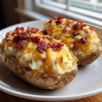 Two perfectly prepared twice baked potatoes loaded with melted cheddar cheese and crispy bacon bits.