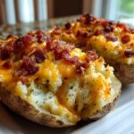 Two amazing twice baked potatoes loaded with melted cheddar cheese and crispy bacon bits on a white plate.
