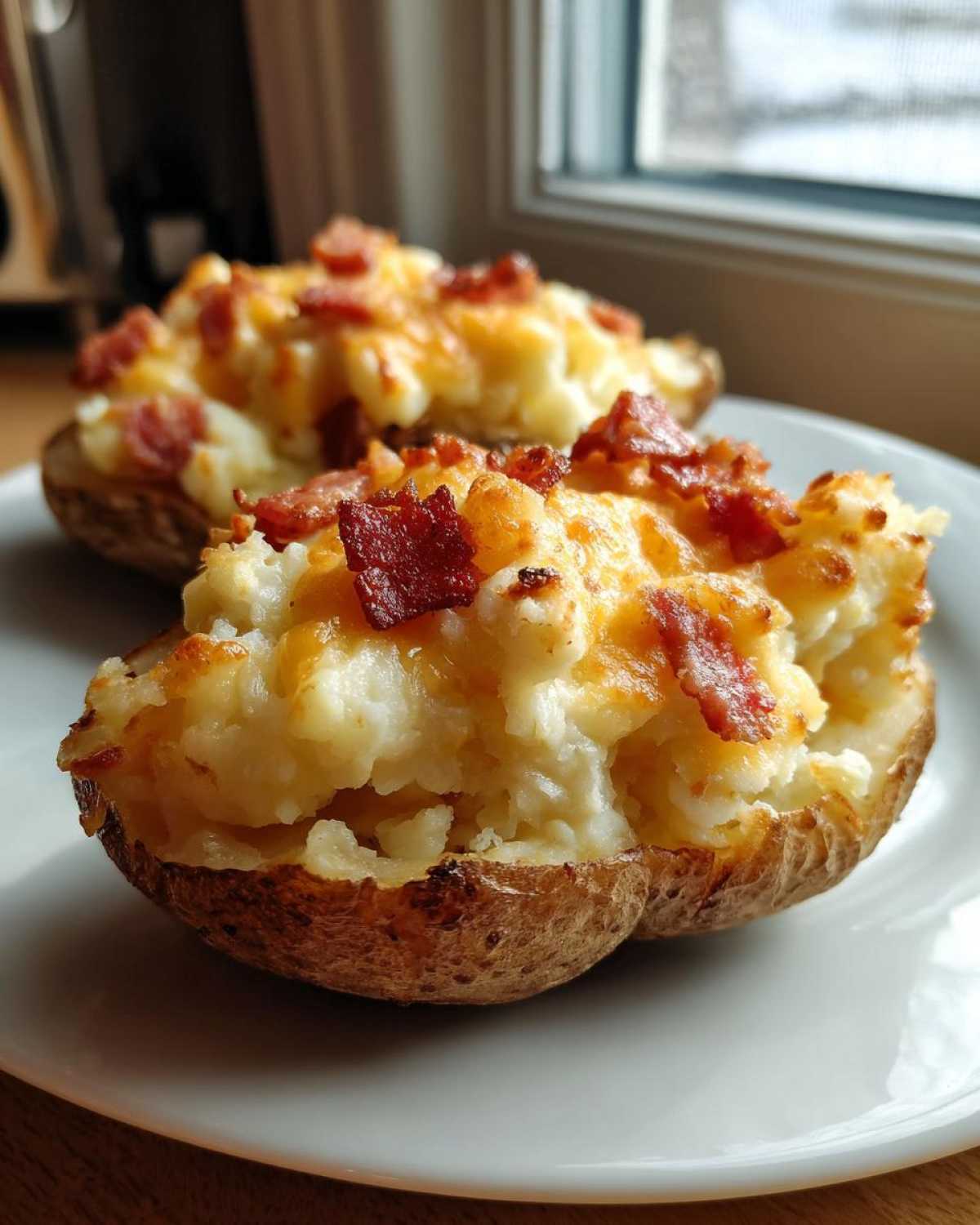 Two halves of amazing twice baked potatoes stuffed with creamy filling, melted cheese, and bacon bits, sitting on a white plate.