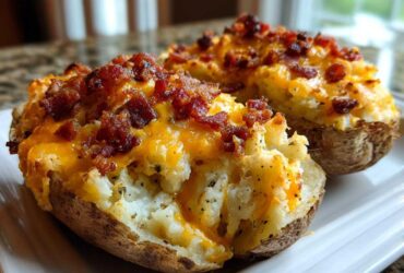 Two amazing twice baked potatoes loaded with melted cheddar cheese and crispy bacon bits on a white plate.