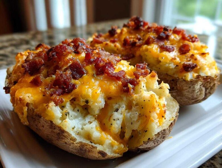 Two amazing twice baked potatoes loaded with melted cheddar cheese and crispy bacon bits on a white plate.