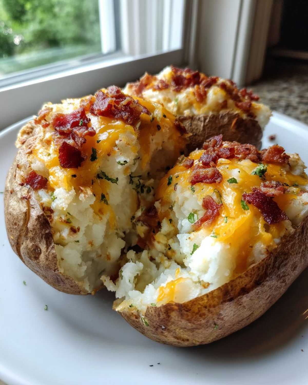 Three delicious twice baked potatoes stuffed with mashed potato filling, topped with melted cheddar cheese and crispy bacon bits.
