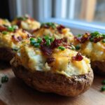 Close-up of several loaded twice-baked potatoes topped with melted cheddar cheese, bacon bits, and chives.