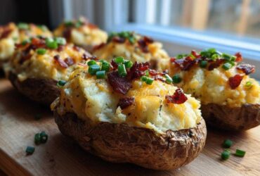 Close-up of several loaded twice-baked potatoes topped with melted cheddar cheese, bacon bits, and chives.