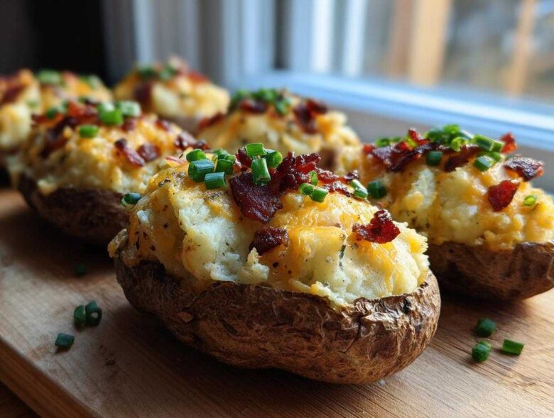 Close-up of several loaded twice-baked potatoes topped with melted cheddar cheese, bacon bits, and chives.