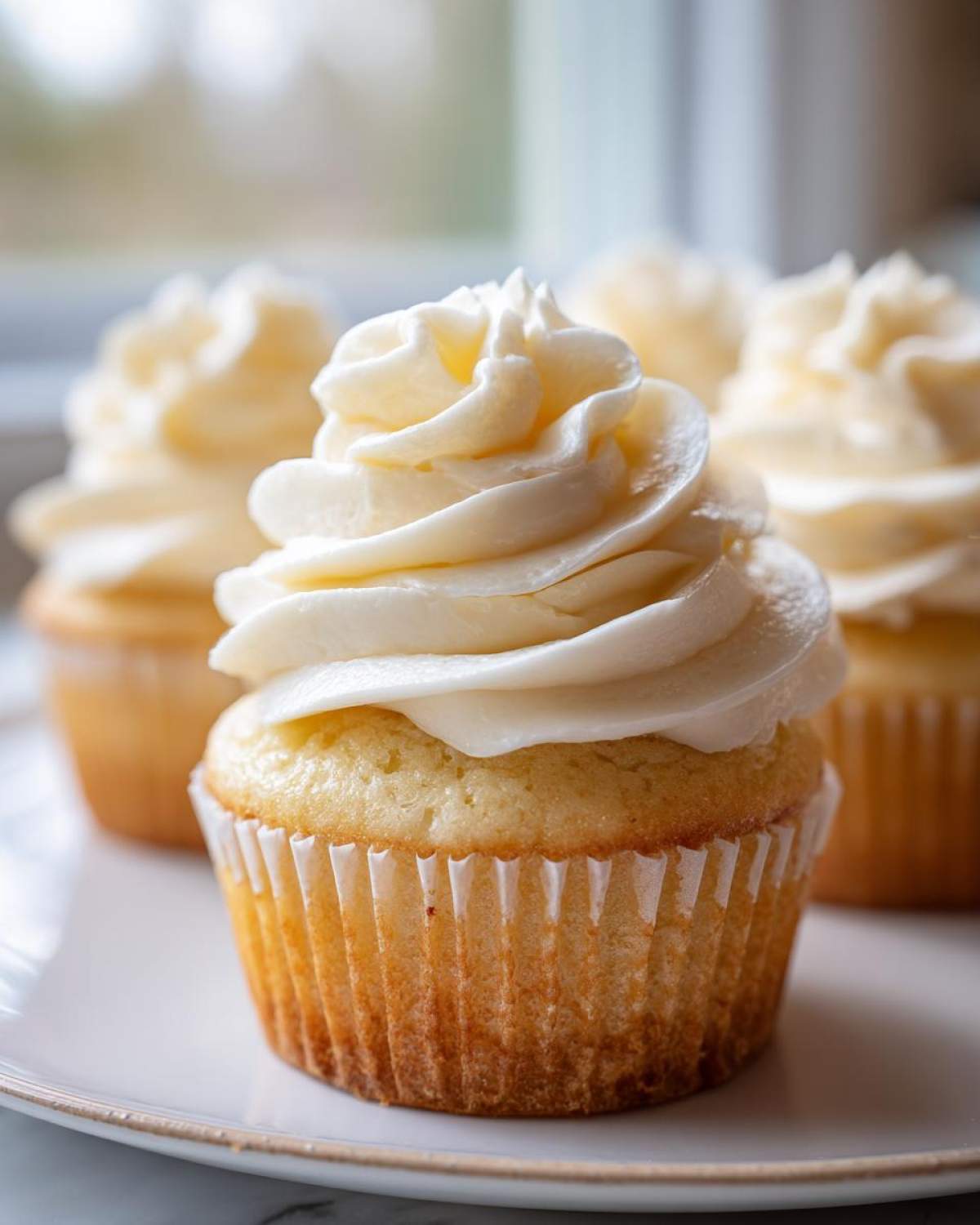 A close-up of one perfectly frosted vanilla cupcake with rich buttercream, with more vanilla cupcakes blurred in the background.