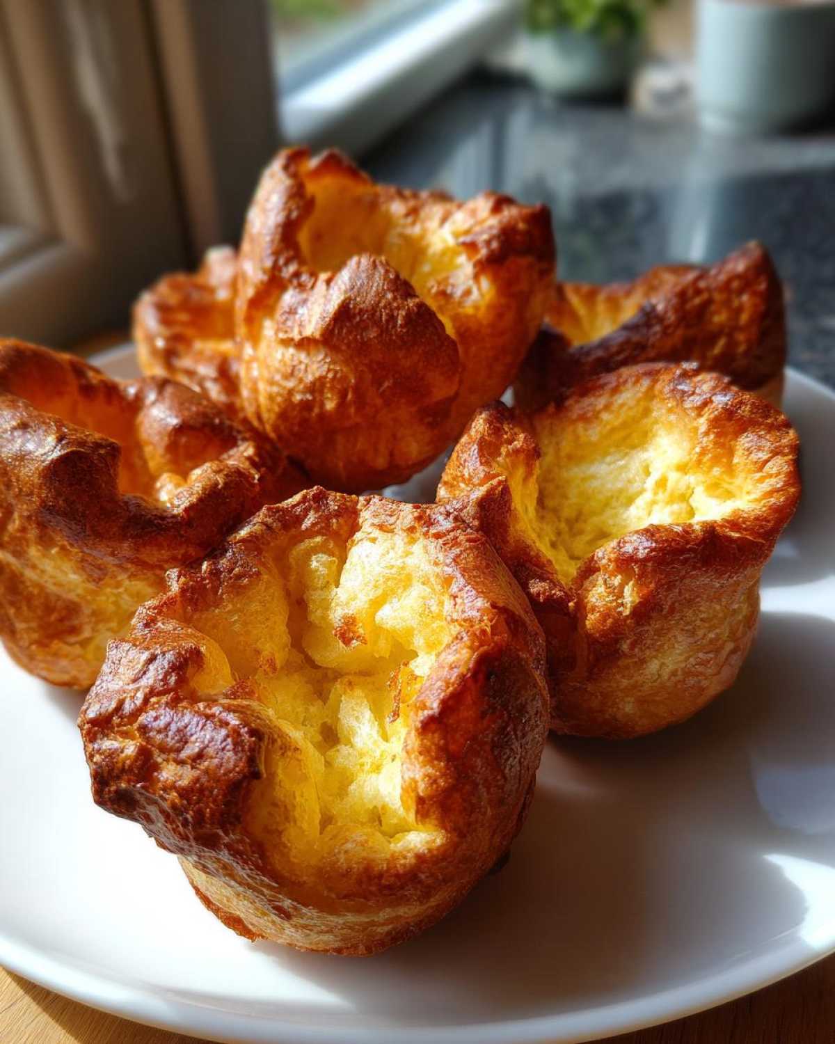 Close-up of several golden brown, perfectly risen yorkshire pudding towers on a white plate.