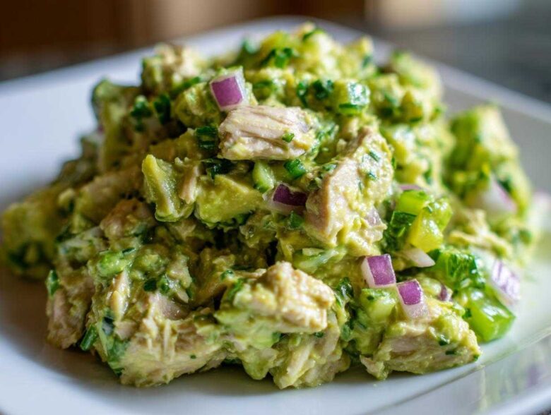 Close-up of creamy avocado chicken salad chunks mixed with red onion and green herbs on a white plate.